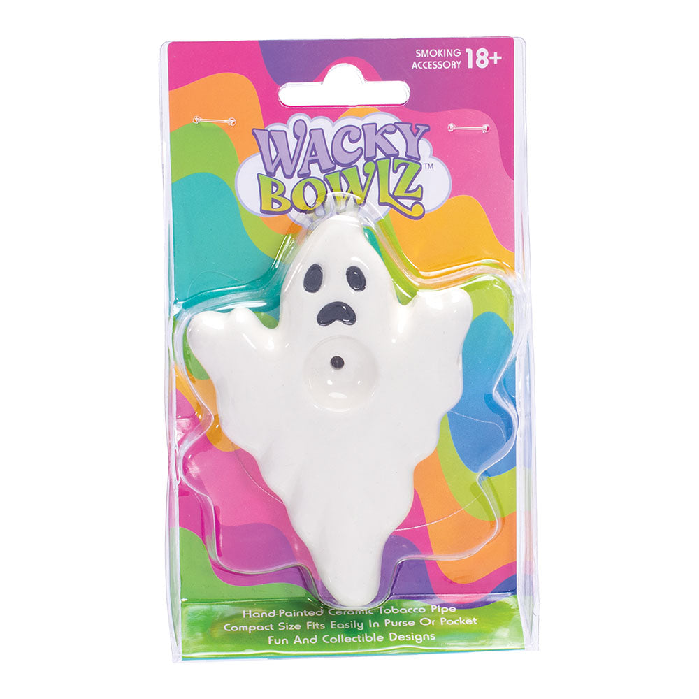 Wacky Bowlz Ghost Ceramic Hand Pipe - 4" Front View in Packaging