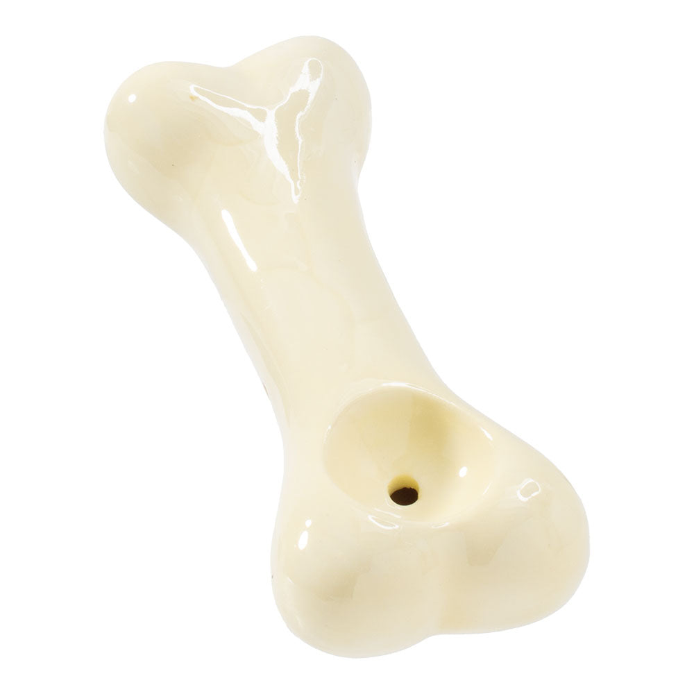 Wacky Bowlz Dog Bone Ceramic Hand Pipe, 3.75" Top View on White Background