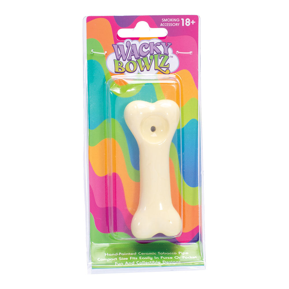 Wacky Bowlz Dog Bone Ceramic Hand Pipe - Front View in Packaging