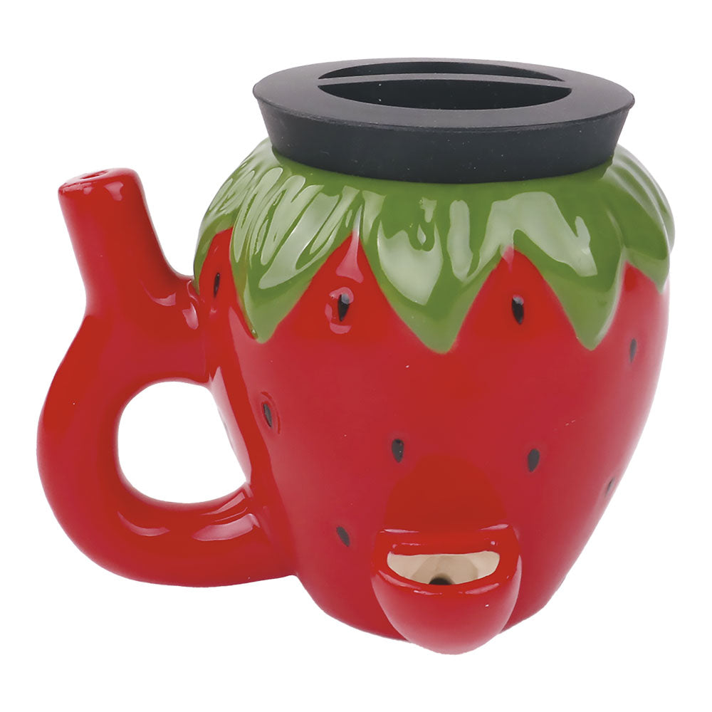 Fujima Strawberry Pipe Jar - 3.9" Ceramic Hand Pipe, Front View with Leafy Detail