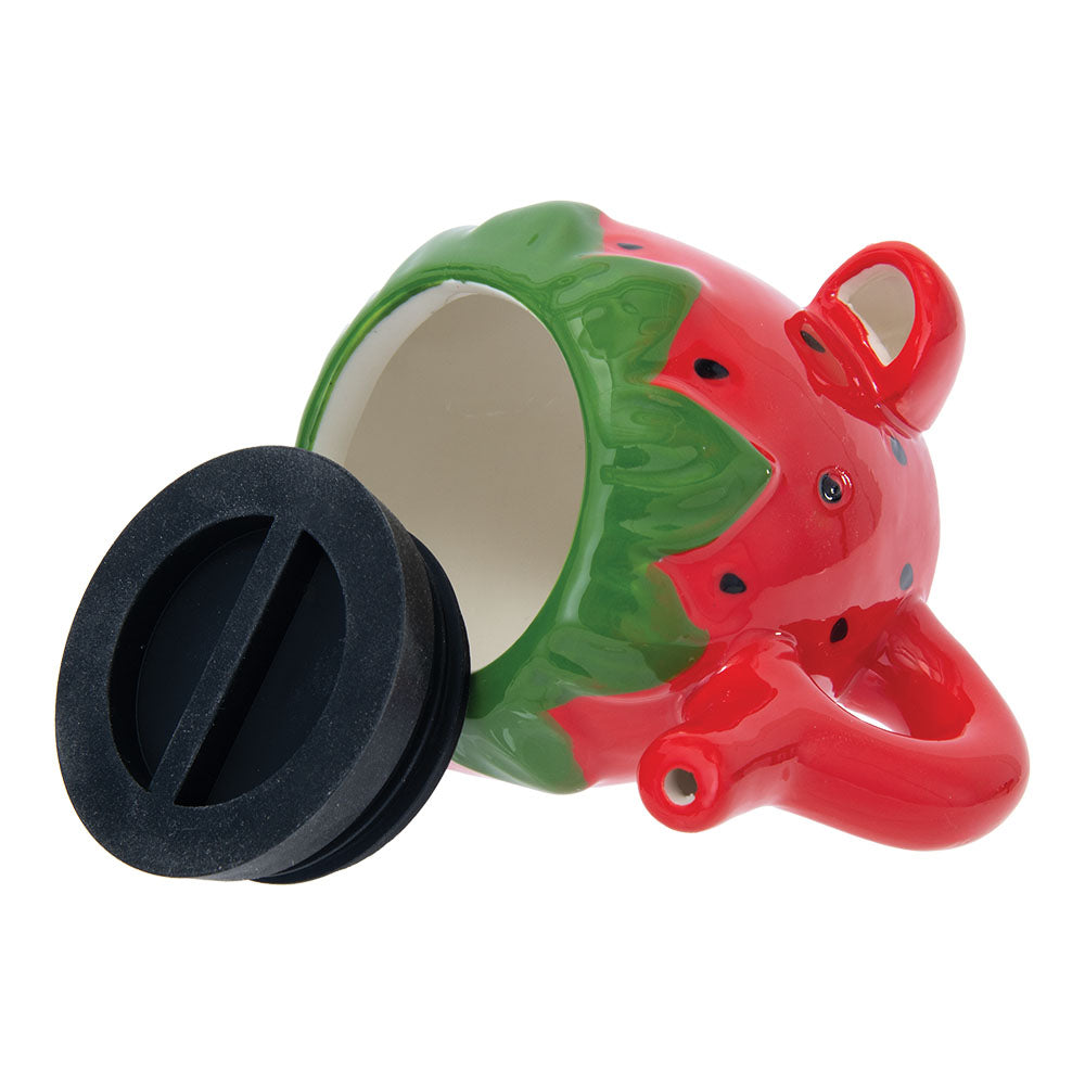 Fujima Strawberry Pipe Jar, 3.9" Ceramic Hand Pipe, Angled Side View with Lid Off