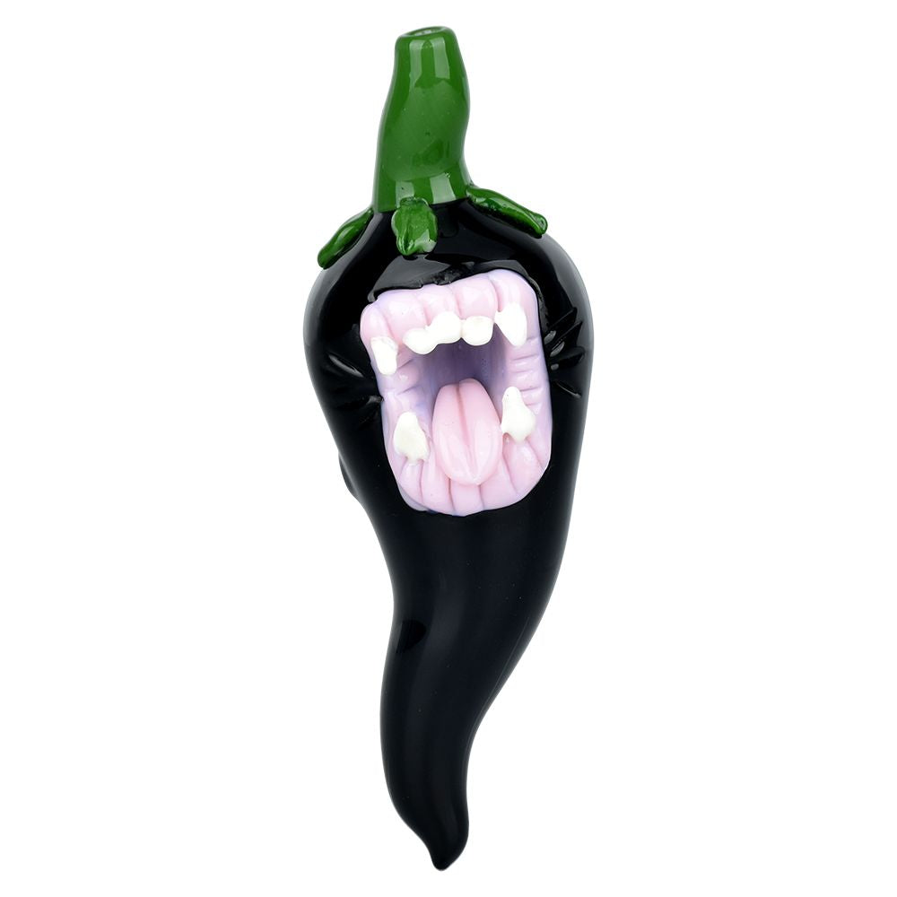 Poblano Problems Hand Pipe in Borosilicate Glass, Front View with Colorful Design