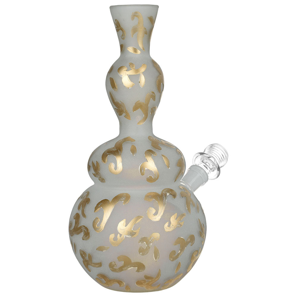 Elegant Fleur-de-lis Frosted Soft Glass Water Pipe, 9" Tall, 14mm Female Joint, Isolated Front View