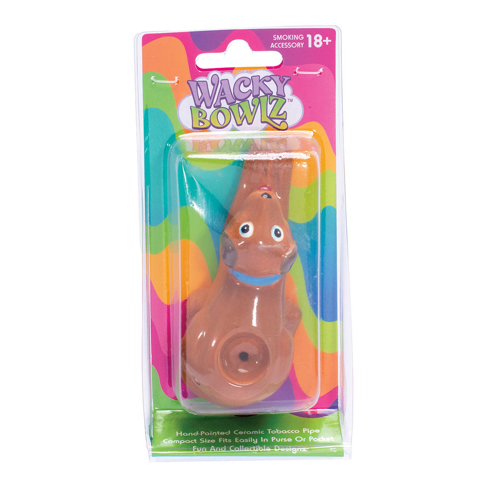 Wacky Bowlz Brown Dog Ceramic Hand Pipe - Front View in Colorful Packaging