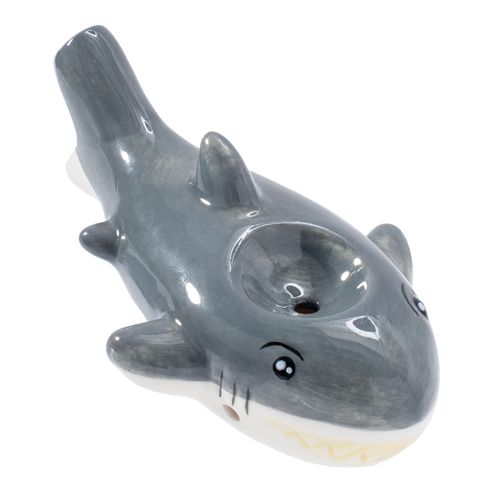 Wacky Bowlz Shark Ceramic Pipe - 3.75" - Top Angle View on White Background