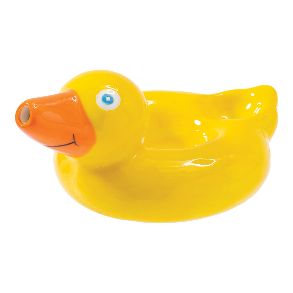 Wacky Bowlz Ducky Life Saver Ceramic Pipe in bright yellow, 3.75" side view on white background