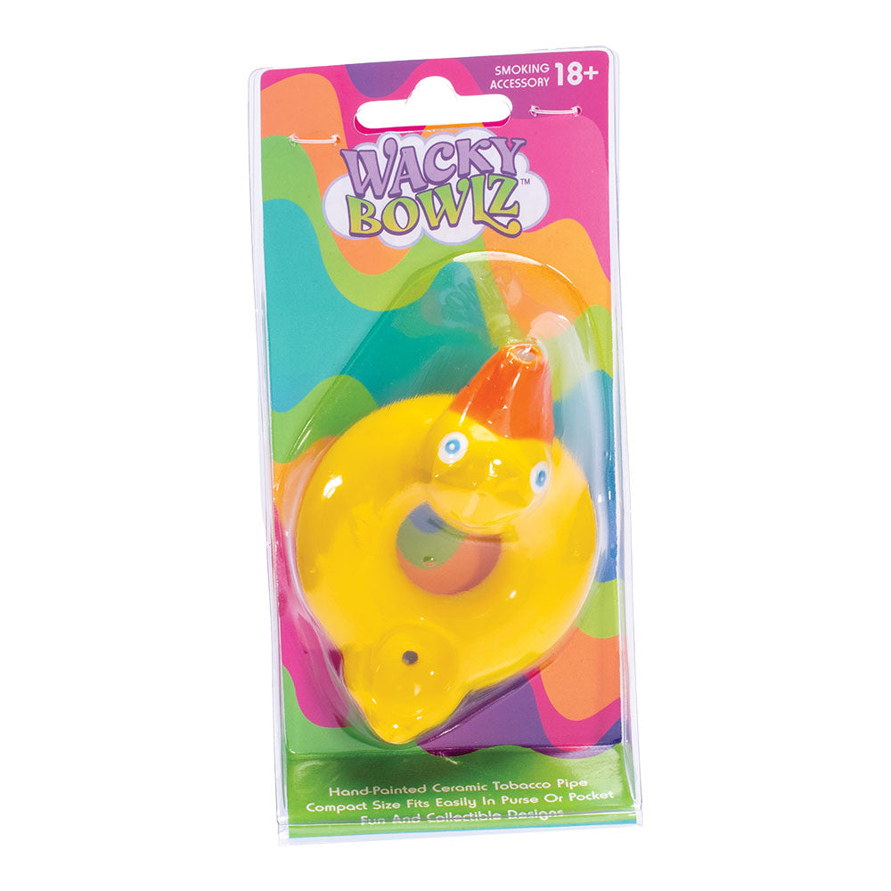 Wacky Bowlz Ducky Life Saver Ceramic Pipe, vibrant yellow, front view in packaging