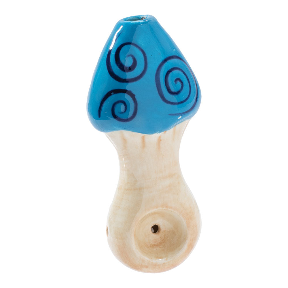 Wacky Bowlz Blue Swirl Mushroom Ceramic Pipe, 4" Front View, Ideal for Stoner Moms