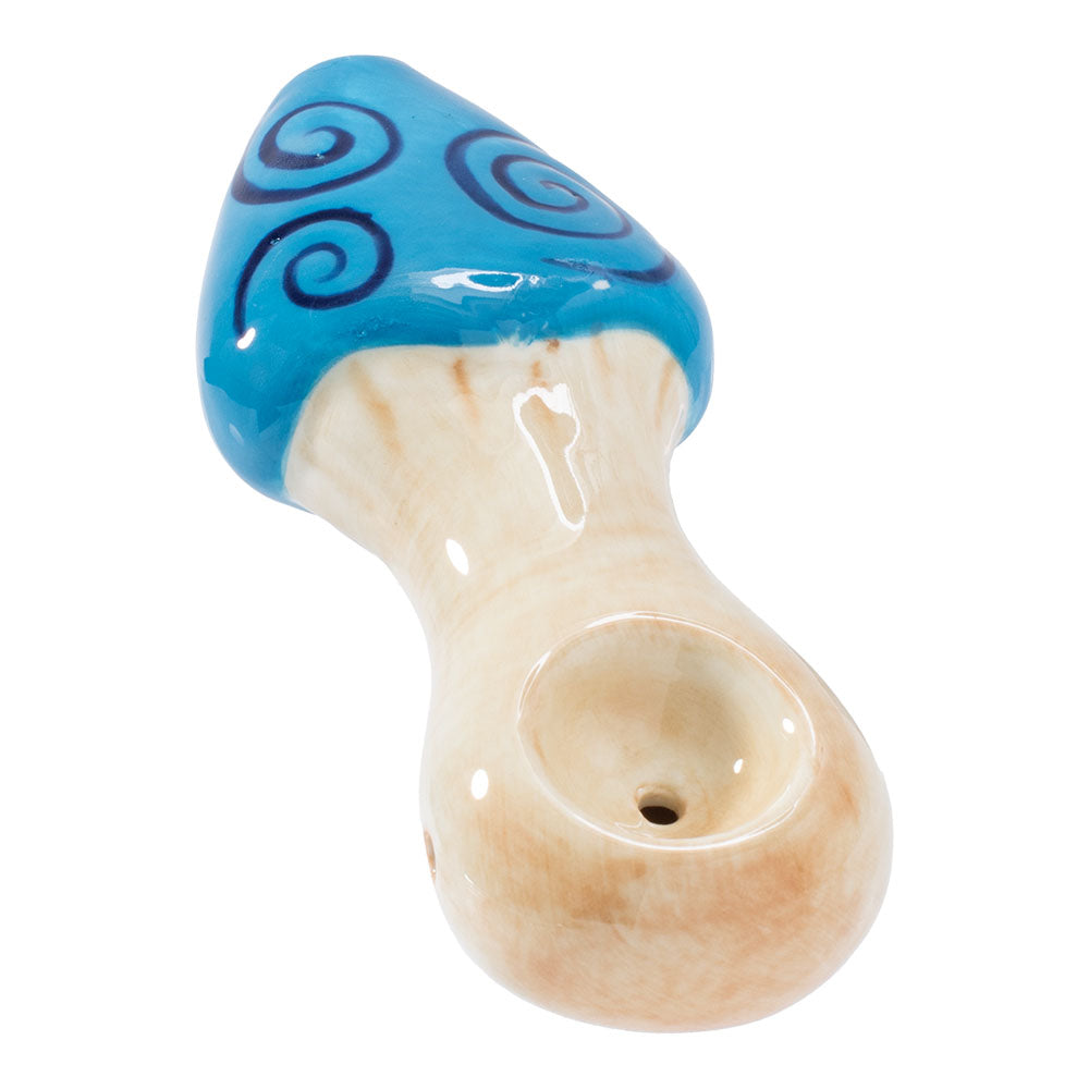 Wacky Bowlz Blue Swirl Mushroom Ceramic Pipe, 4 inch, Angled Top View