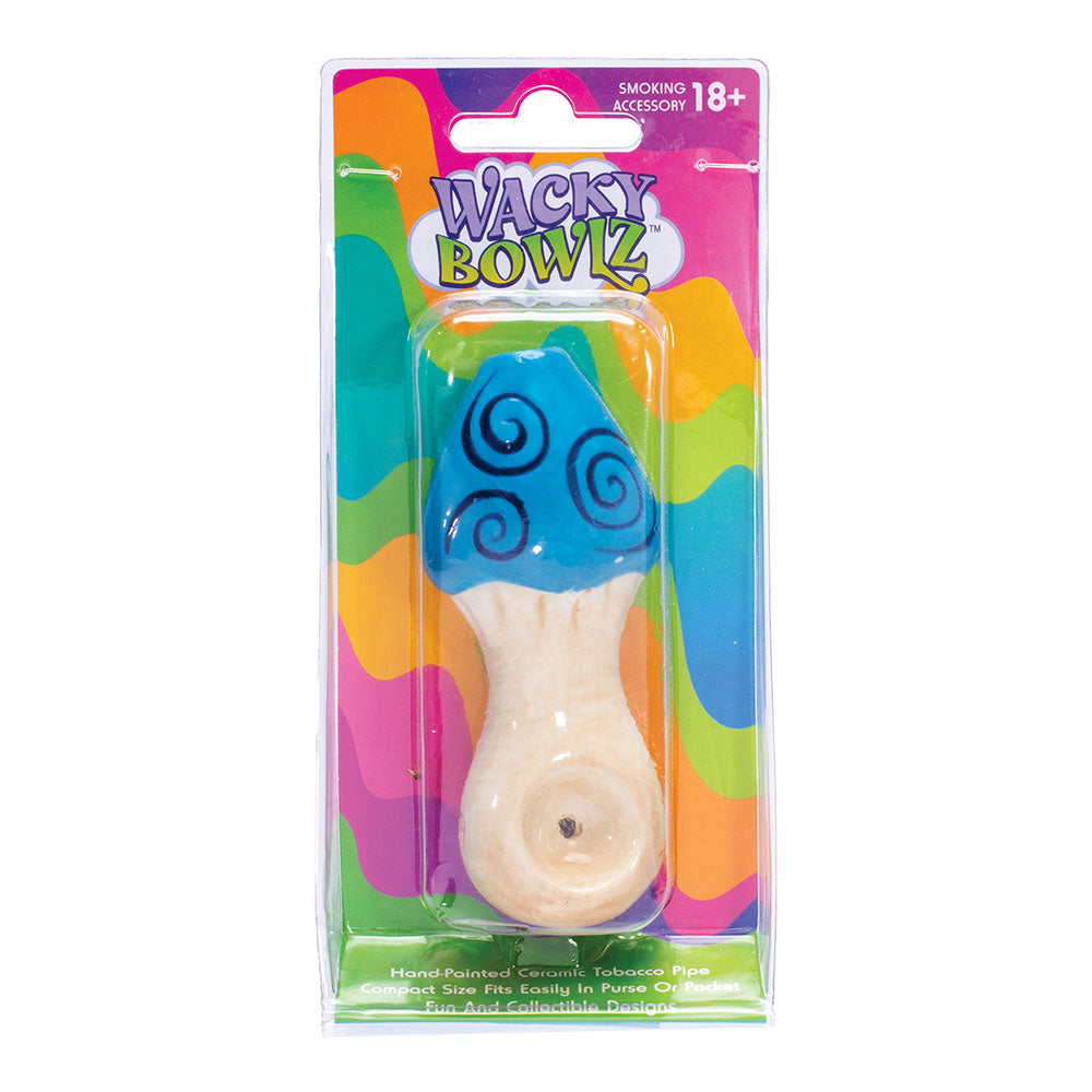 Wacky Bowlz Blue Swirl Mushroom Ceramic Pipe - Front View in Packaging