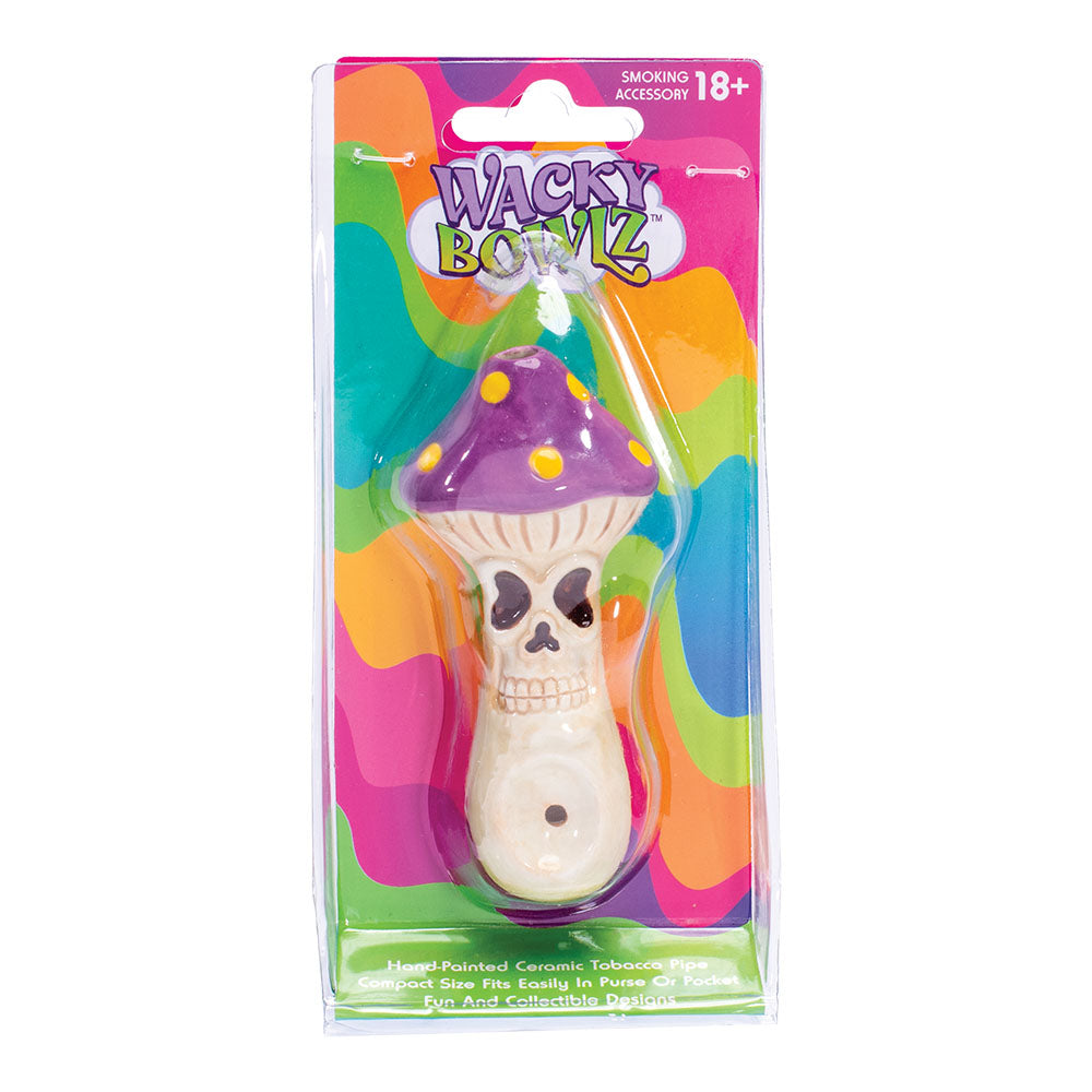 Wacky Bowlz Skull Mushroom Ceramic Pipe - Front View in Packaging