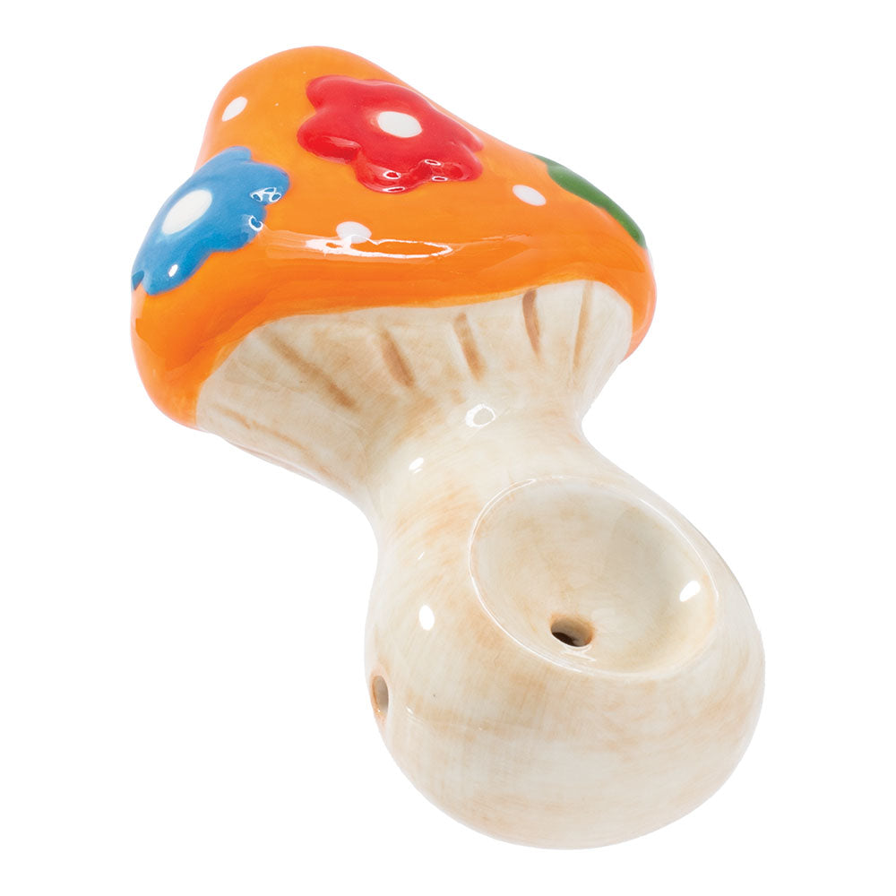 Wacky Bowlz Flower Mushroom Ceramic Pipe, 3.75", vibrant colors, front view on white background