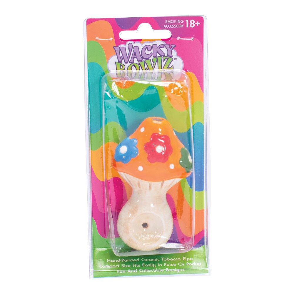 Wacky Bowlz Flower Mushroom Ceramic Pipe, 3.75" with colorful packaging, front view