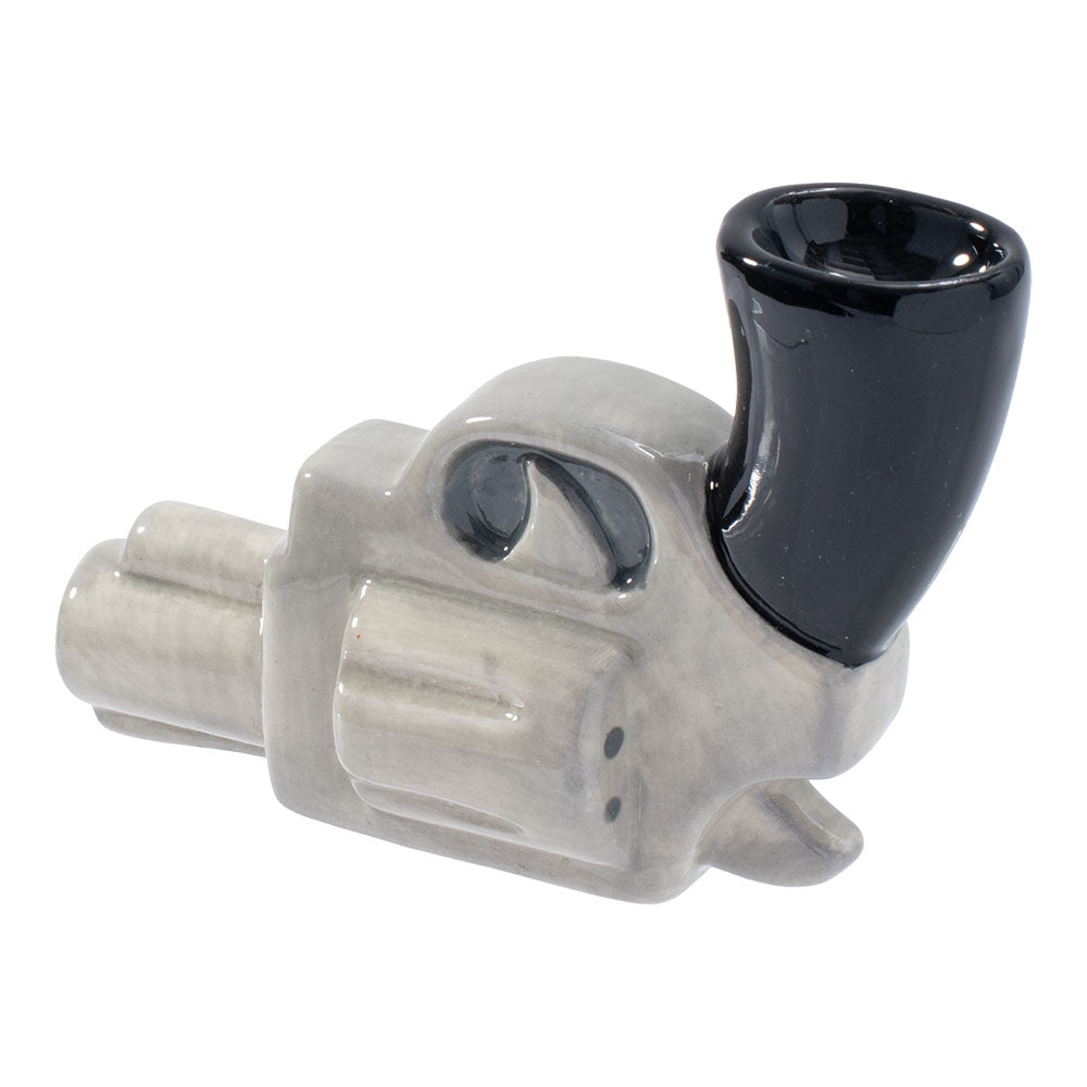 Wacky Bowlz Handgun Ceramic Pipe - 4.5" Side View on Seamless White Background