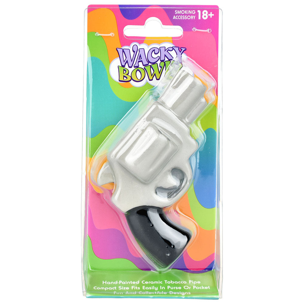 Wacky Bowlz Handgun Ceramic Pipe - 4.5" Front View on Colorful Packaging