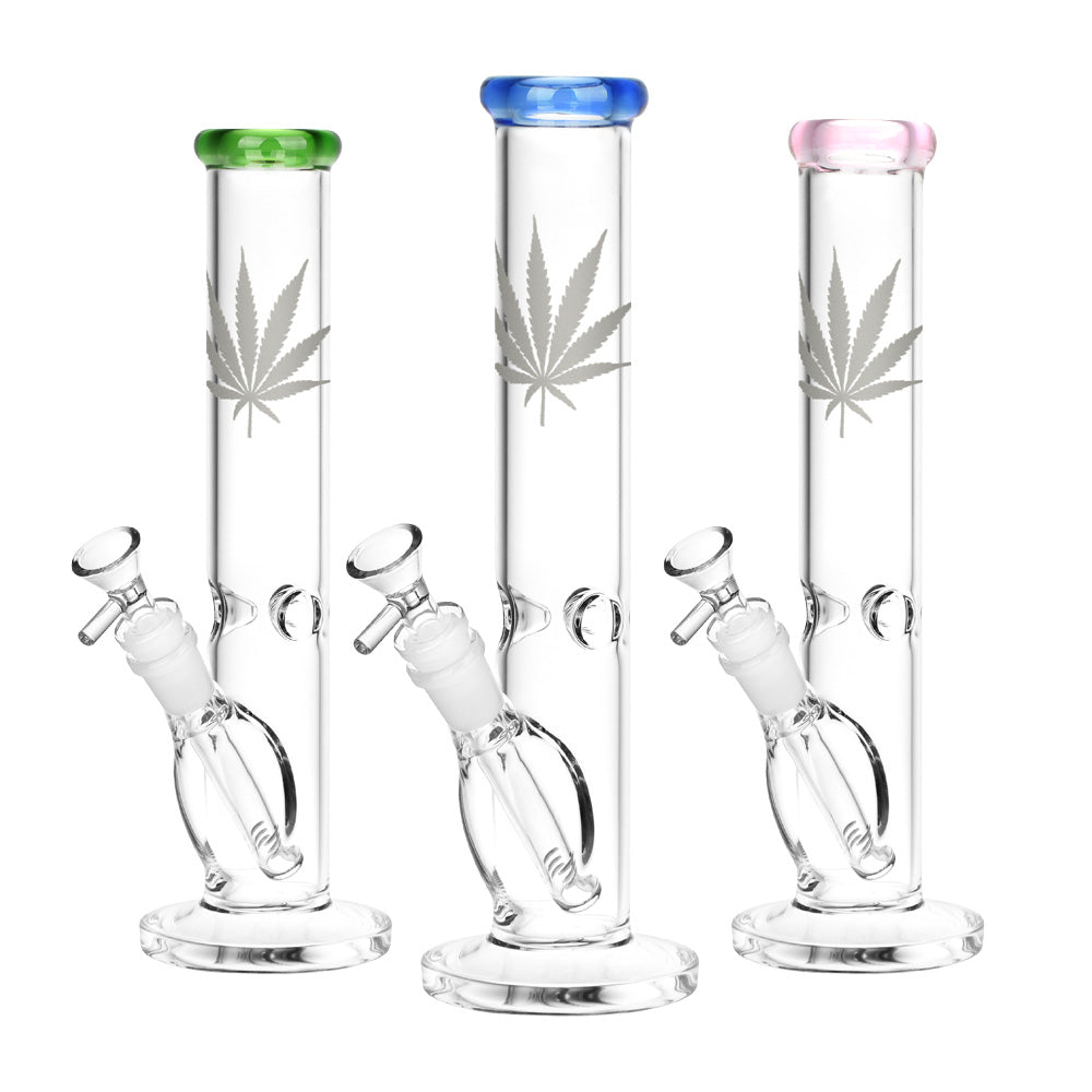 Silver Hemp Leaf Glass Straight Tube Water Pipes with 14mm joint in green, blue, pink