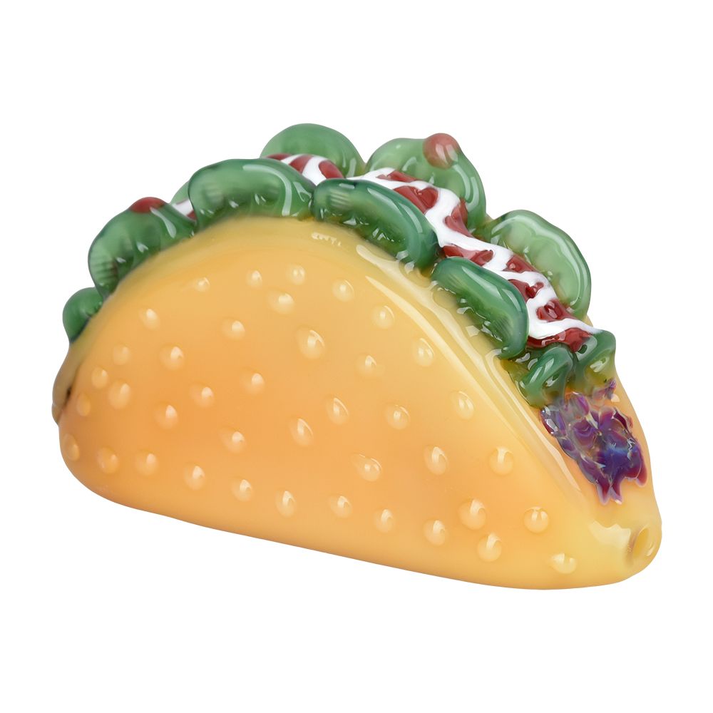 Borosilicate glass taco-shaped hand pipe with colored accents, 3.5" size, side view