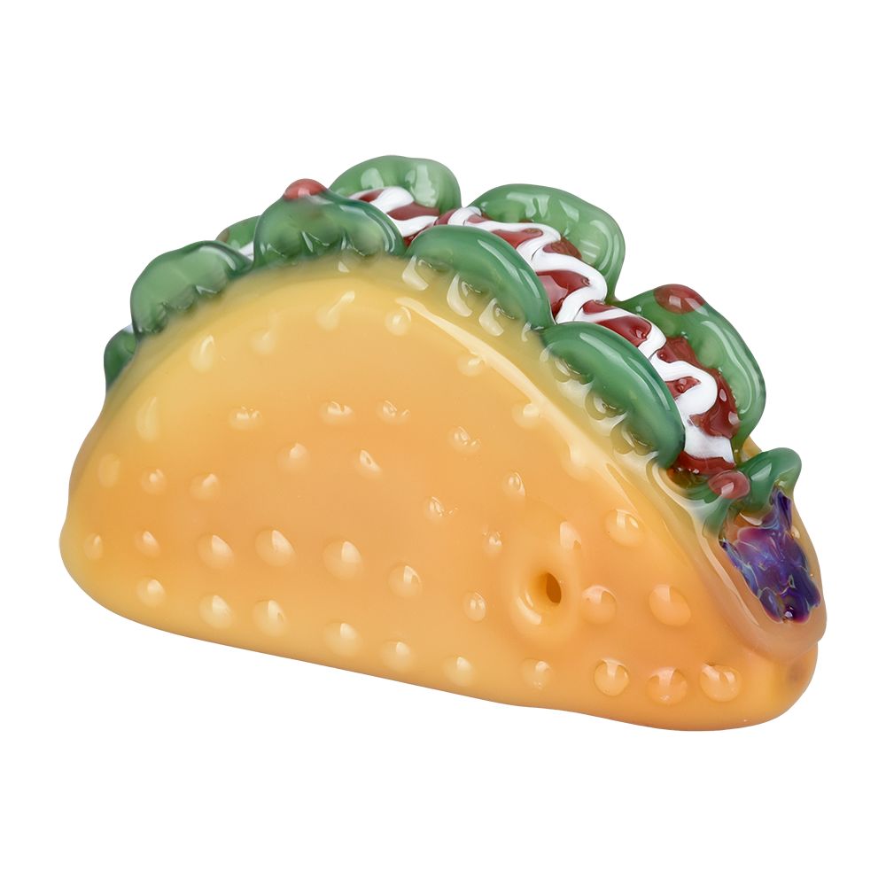 Borosilicate Glass Taco-Shaped Hand Pipe, 3.5", with Colored Glass Accents - Side View