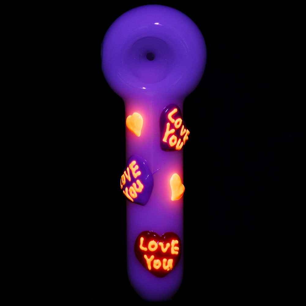 Glowing purple 5" Valentines Hearts Glass Spoon Pipe with 'Love You' text, Borosilicate - Top View