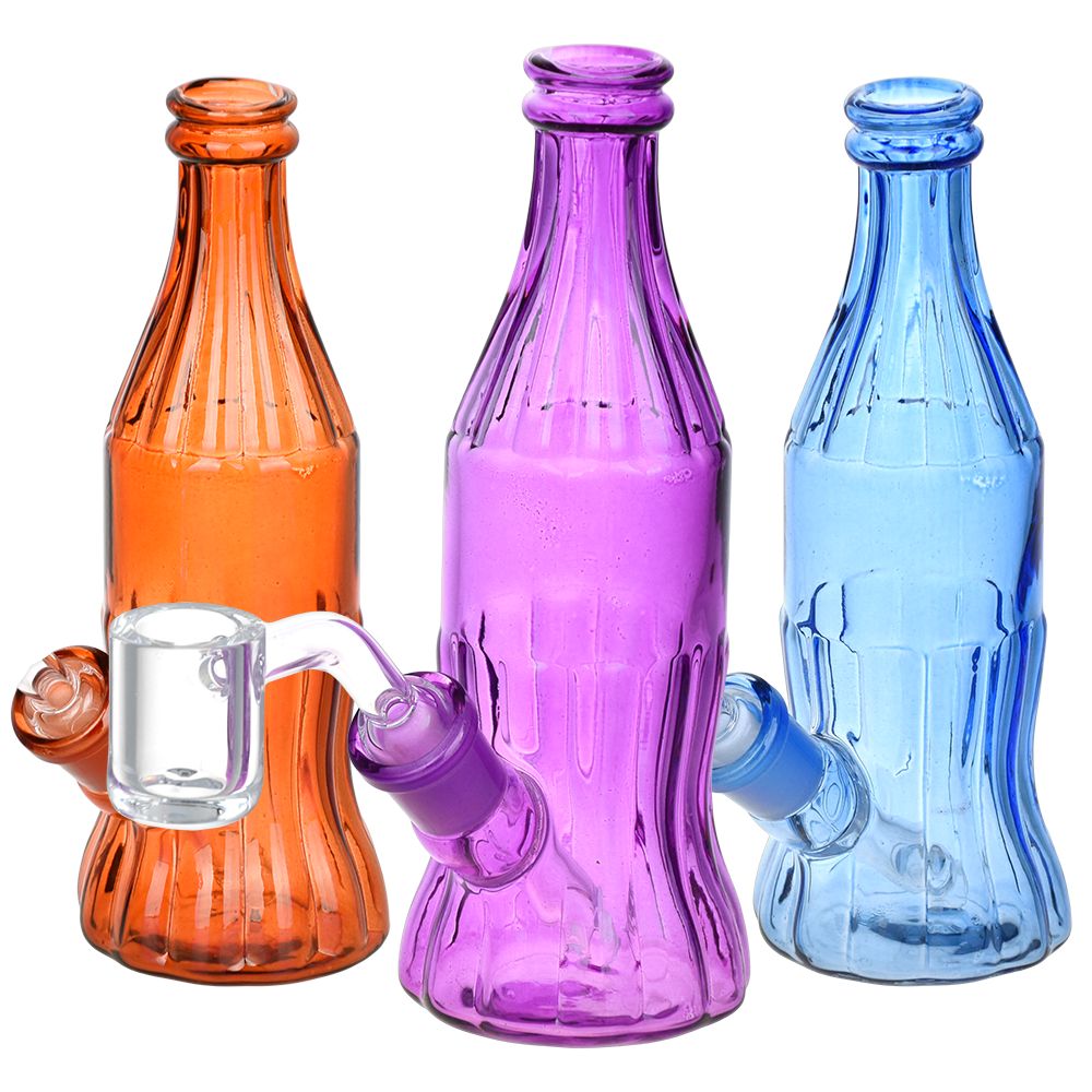 Colorful Old School Soda Bottle Glass Dab Rigs with Quartz Buckets - Front View