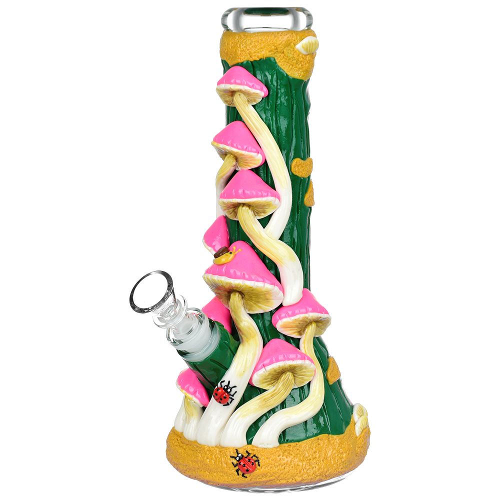 10" Mushroom Madness Glow in the Dark Glass Beaker Water Pipe with colorful design