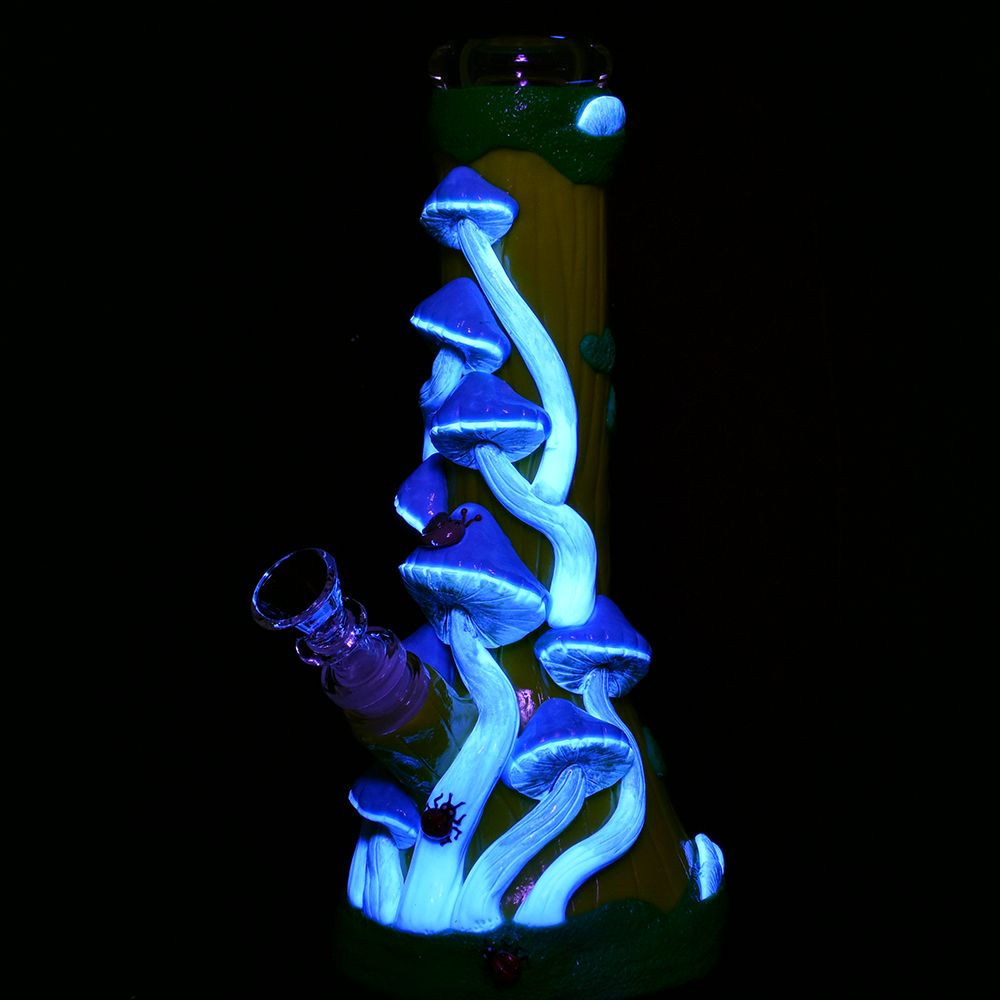 Mushroom Madness 10" Beaker Water Pipe glowing in dark, 14mm, side view on black background