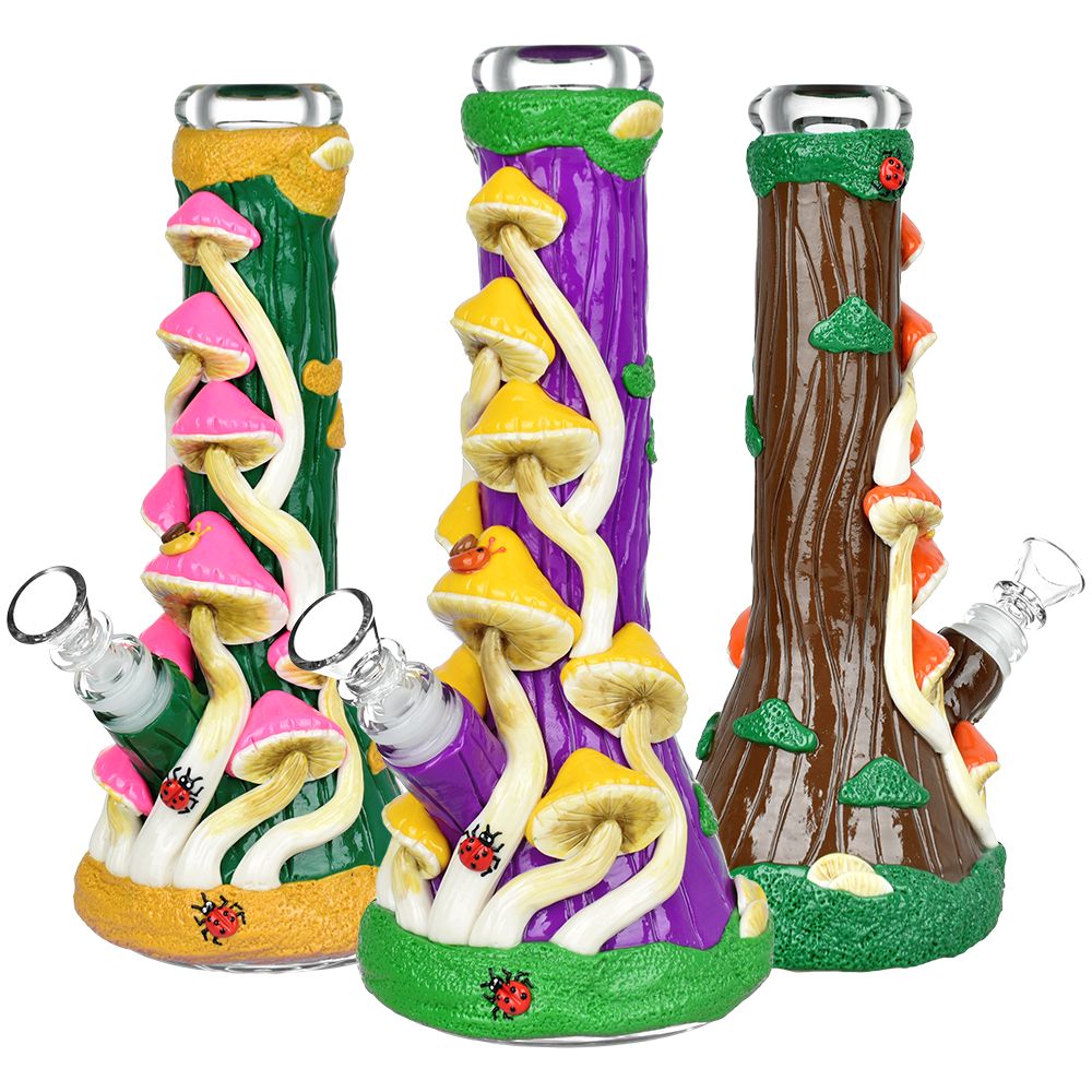 Mushroom Madness Glass Beaker Water Pipes with Glow in the Dark Features, 10" Height, Front View