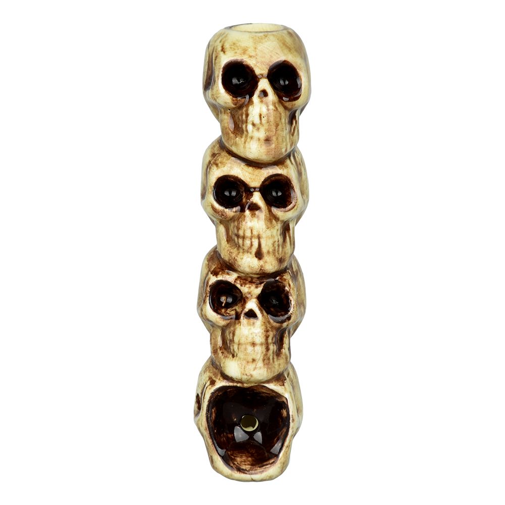 Wacky Bowlz Skulls Ceramic Hand Pipe - Front View with Intricate Detailing