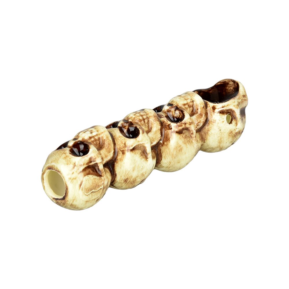Wacky Bowlz Skulls Ceramic Hand Pipe, 3.75", Angled Side View on White Background