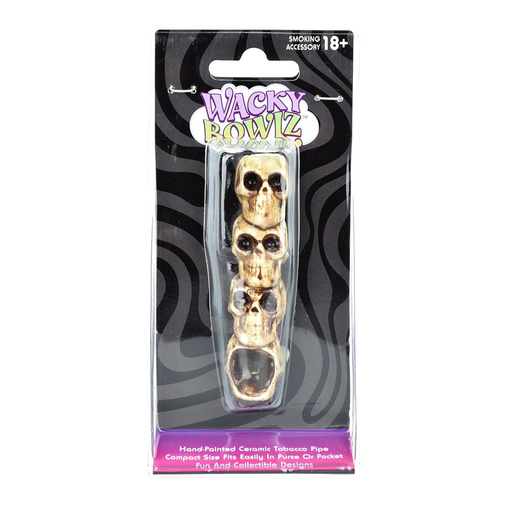 Wacky Bowlz Skulls Ceramic Hand Pipe - Front View in Packaging