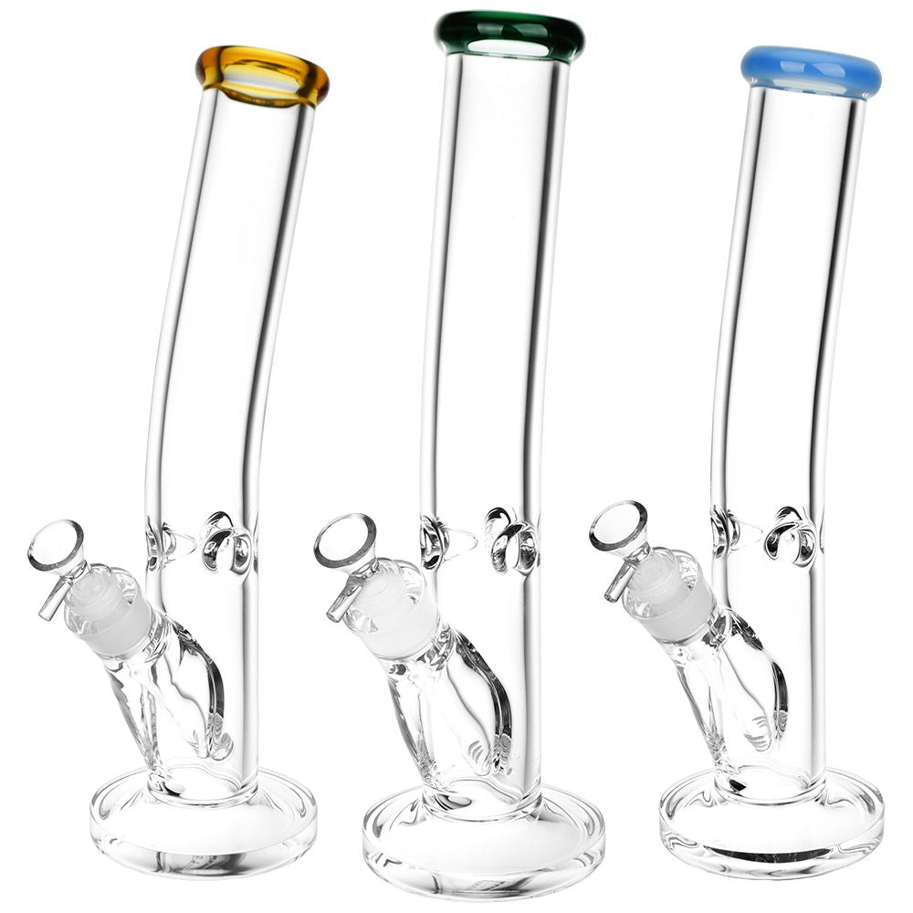 Variety of Bent Neck Straight Tube Glass Water Pipes with Colored Accents, Front View