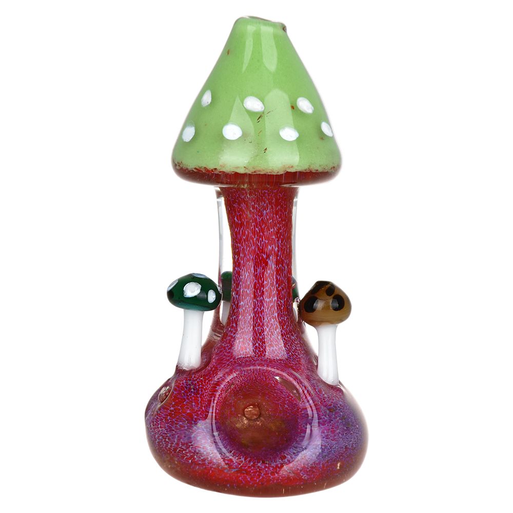 Mushroom Buddies Glass Hand Pipe - 4" Borosilicate Colored Glass, Front View on White Background