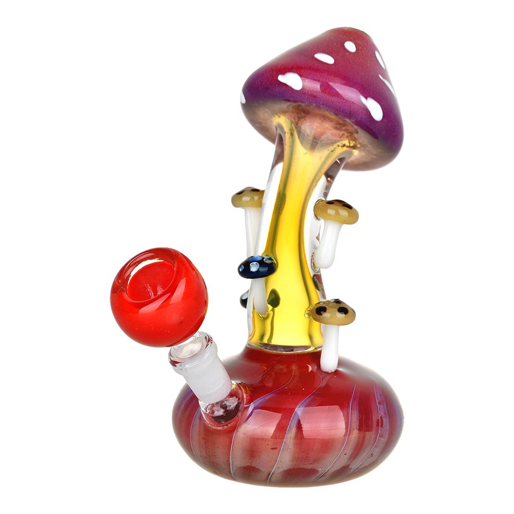 Colorful Mushroom Collective Bent Neck Glass Water Pipe with Fumed Finish - Front View