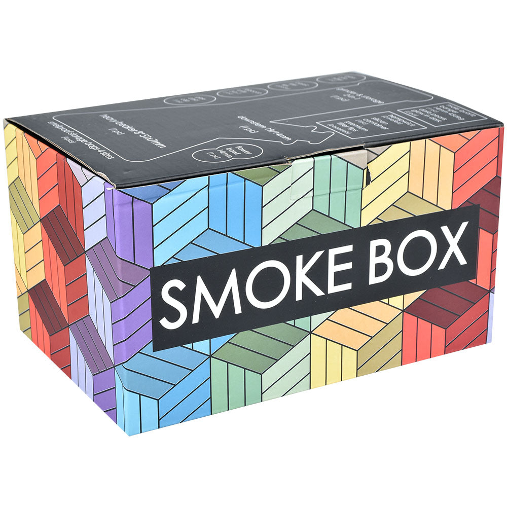 Colorful Smoke Box Water Pipe Kit packaging with vibrant block design - Front View