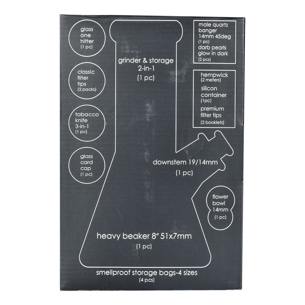 Smoke Box Water Pipe Kit contents displayed on a black background, including various smoking accessories