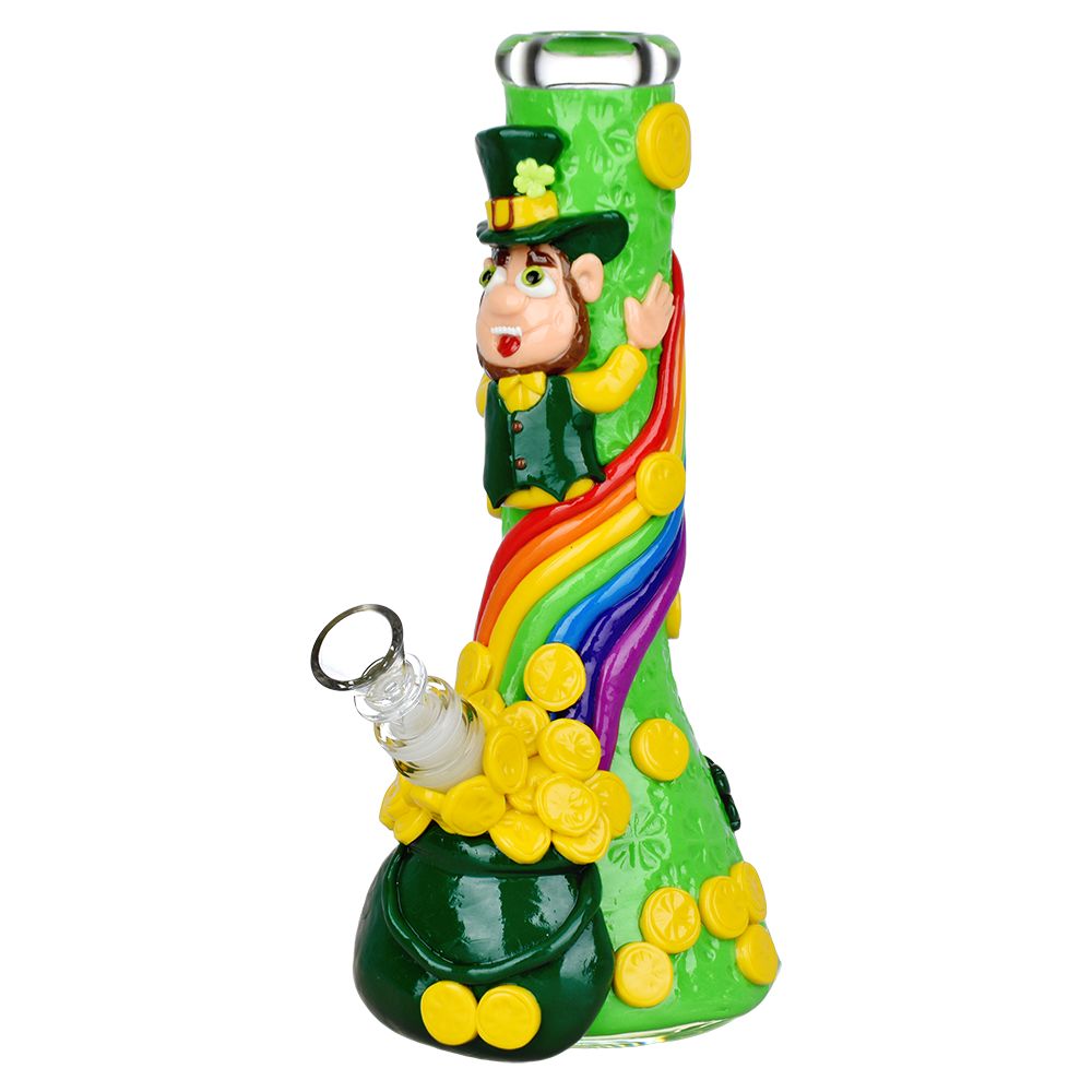 St. Patrick's Day themed glow-in-the-dark water pipe with leprechaun and rainbow design