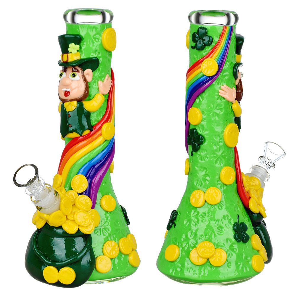 St. Patrick's Day themed glow-in-the-dark water pipe with leprechaun design - front and side views
