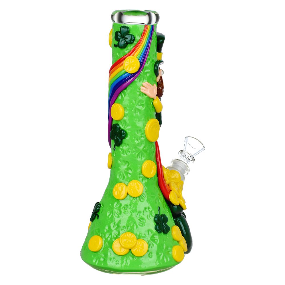 St. Patrick's Day themed glow-in-the-dark water pipe with rainbow and pot of gold accents, front view.