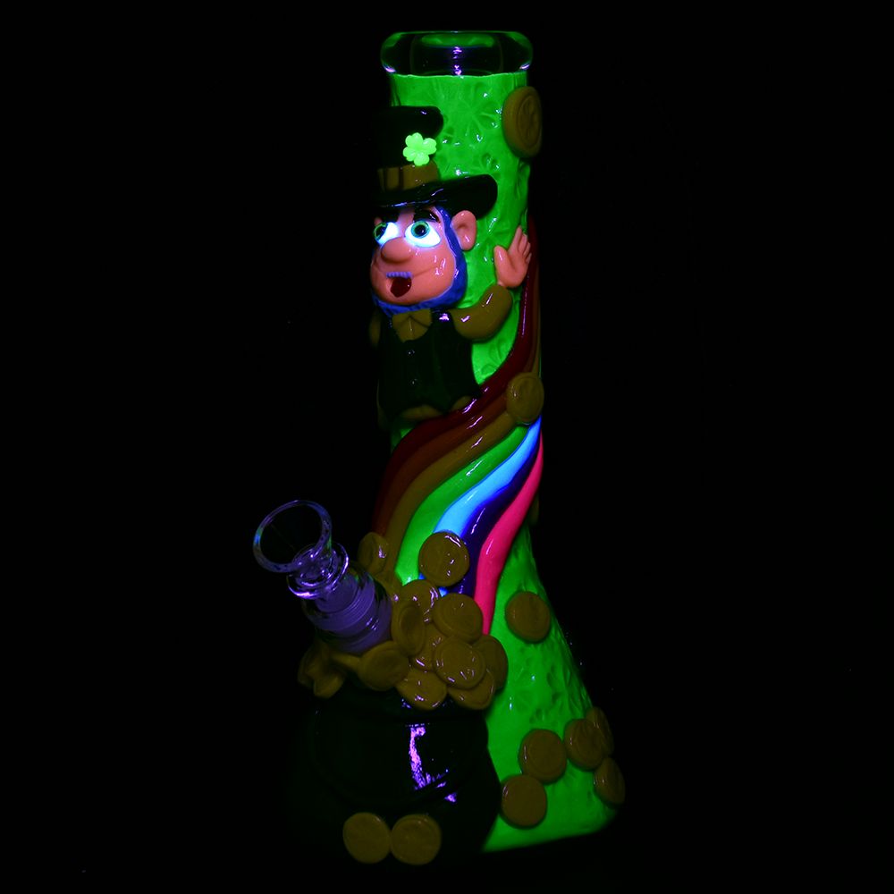 St. Patrick's Day themed glow in the dark water pipe with pot of gold design, 10" tall, 14mm front view