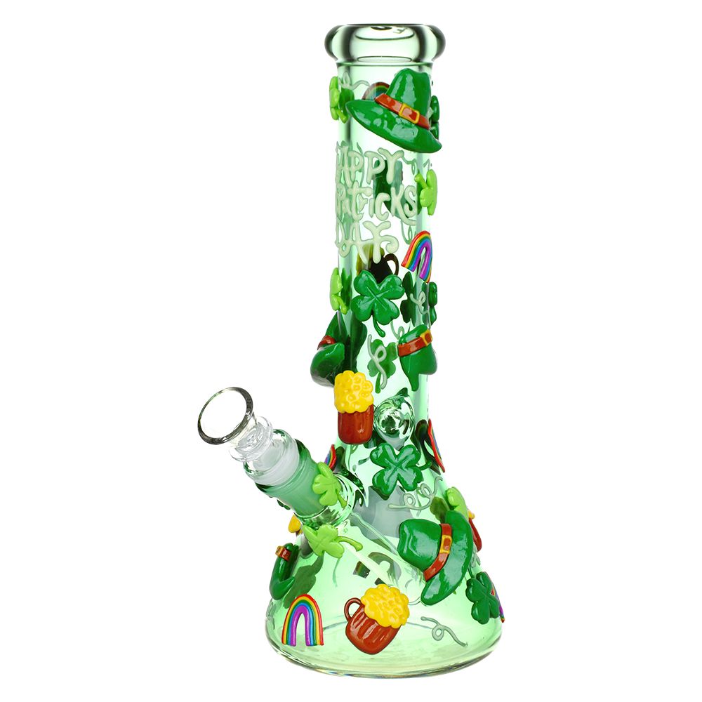 St. Patrick's Day themed glow-in-the-dark water pipe, 10" tall, 14mm female joint, front view
