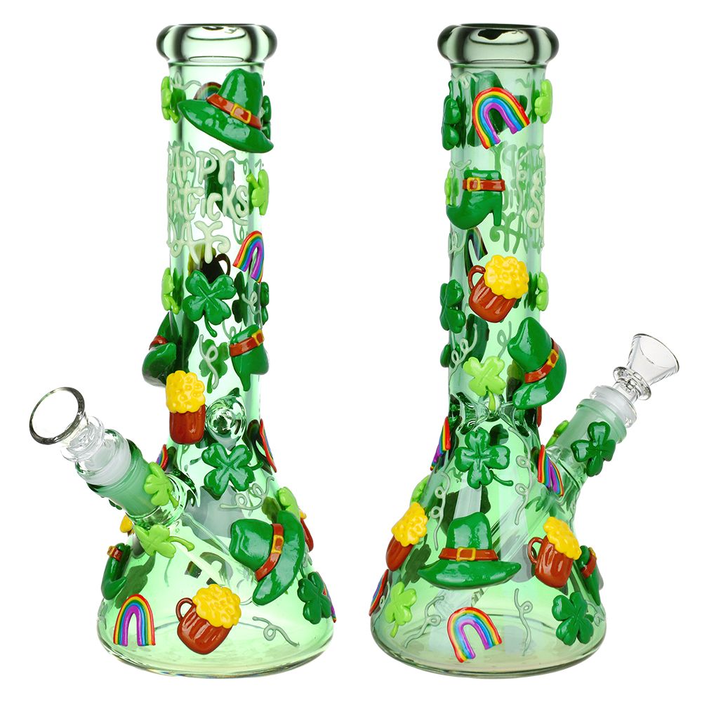 St. Patrick's Day themed glow-in-the-dark glass water pipe with festive decorations, front and side view