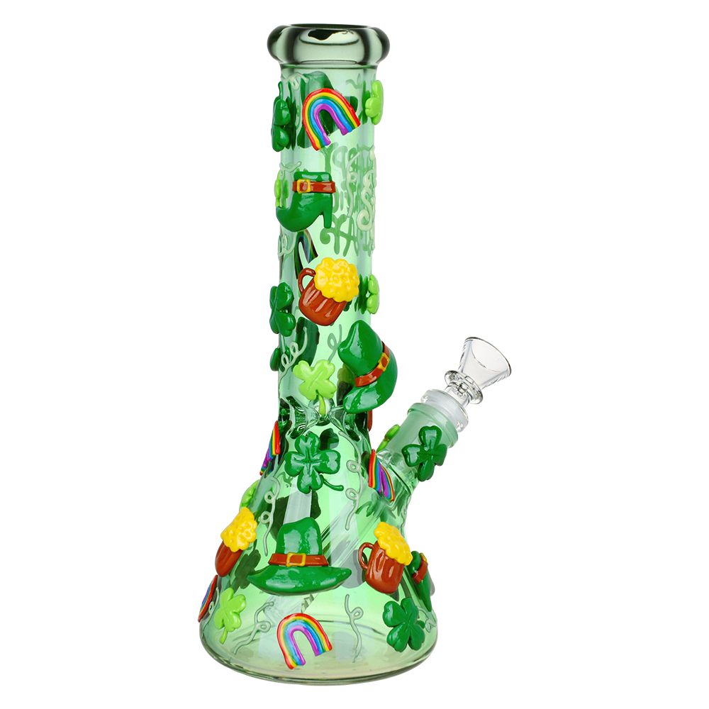 St. Patrick's Day themed glow-in-the-dark water pipe, 10", 14mm female joint, with festive green accents