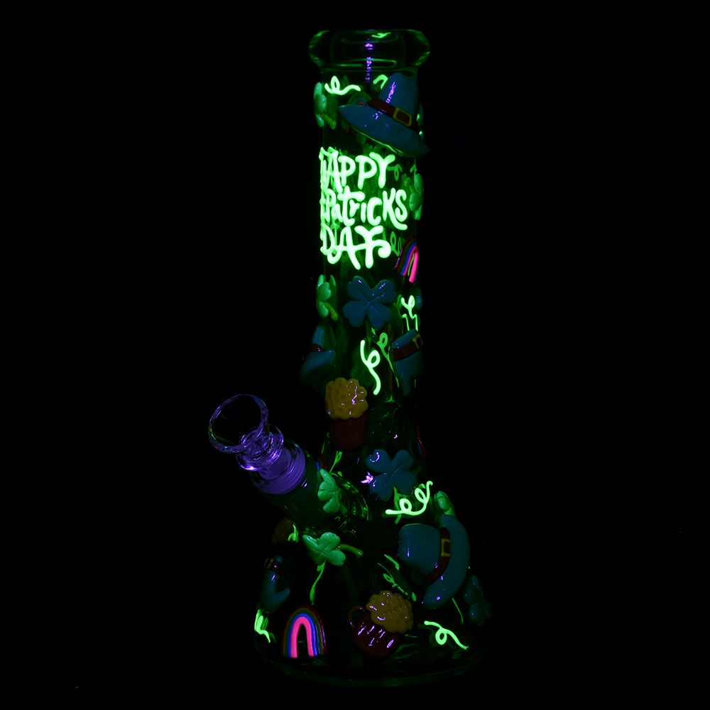 St. Patrick's Day Glow in the Dark Water Pipe, 10" 14mm Female Joint, Borosilicate