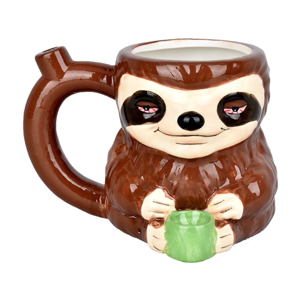 Stoned Sloth Ceramic Pipe Mug - Front View - 4.25" High, 14oz Capacity, Novelty Hand Pipe