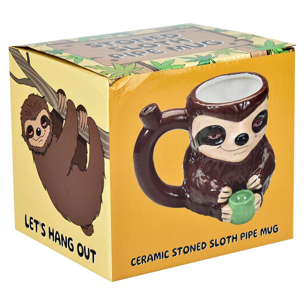 Stoned Sloth Ceramic Pipe Mug - Front View with Box, 14oz Capacity, Easy Grip