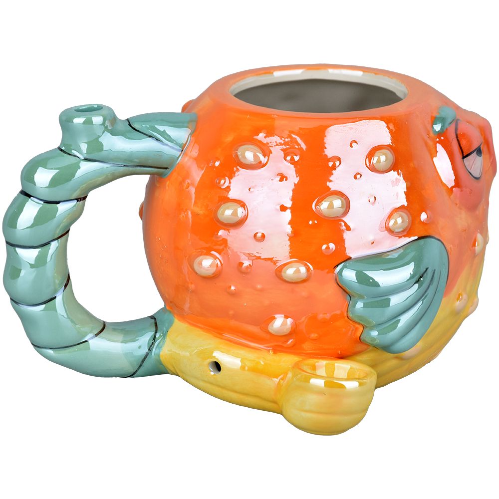 Stoned Pufferfish Ceramic Pipe Mug - 4" / 20oz with vibrant colors, front view on white background