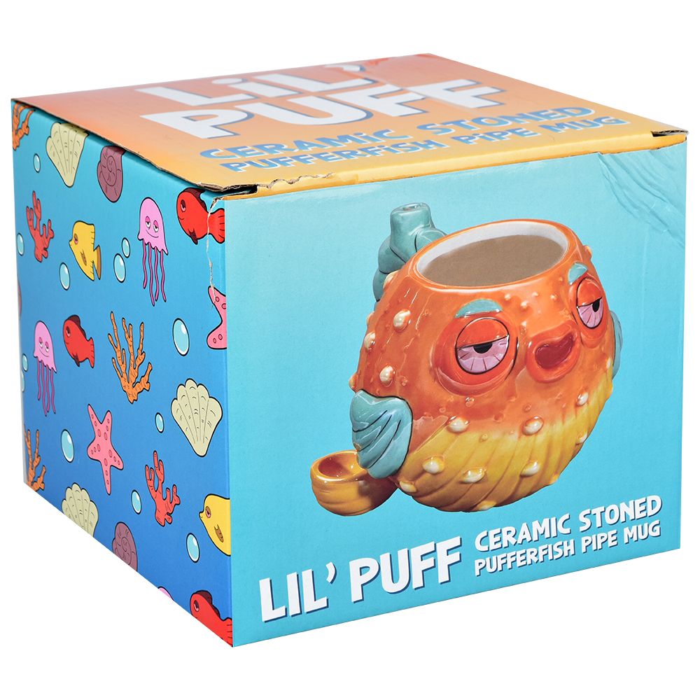 Stoned Pufferfish Ceramic Pipe Mug in box, 20oz capacity, 4" size, with aquatic design