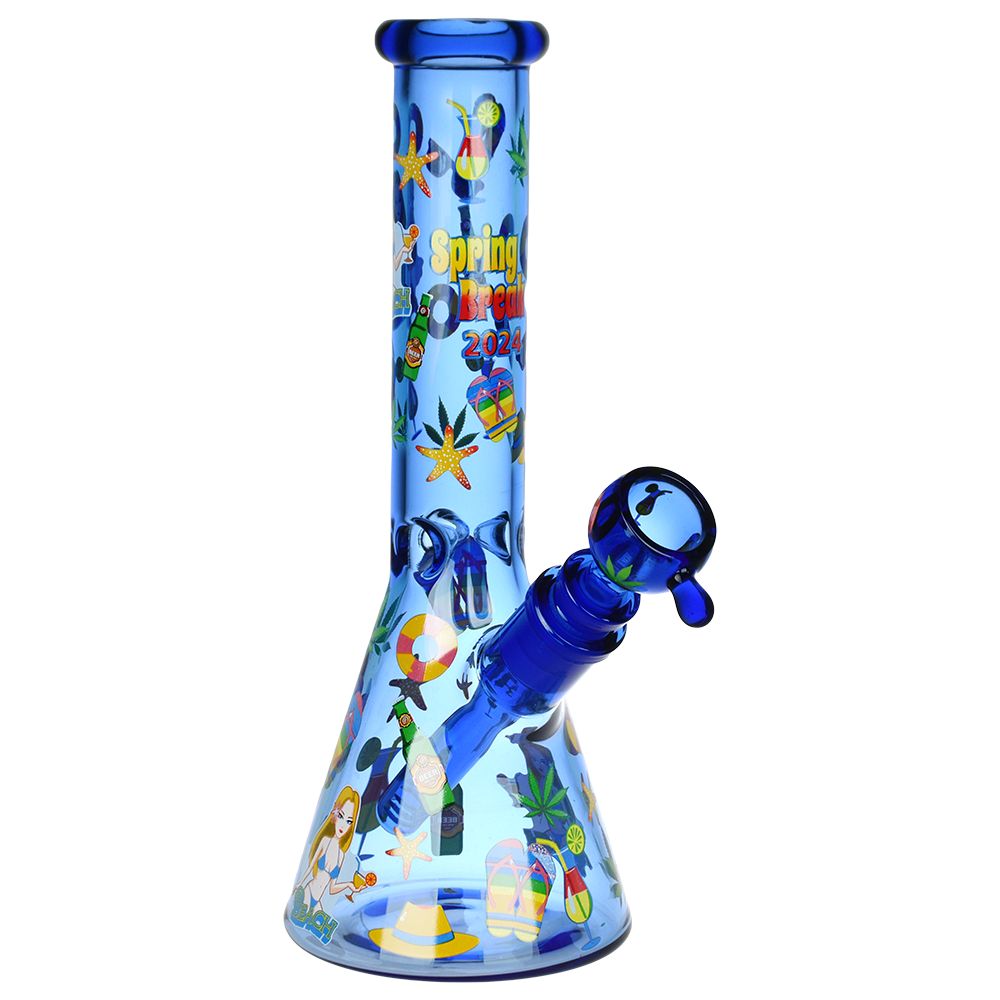 Spring Break 2024 themed glass beaker water pipe with colorful decals, 10" height, 14mm female joint - front view