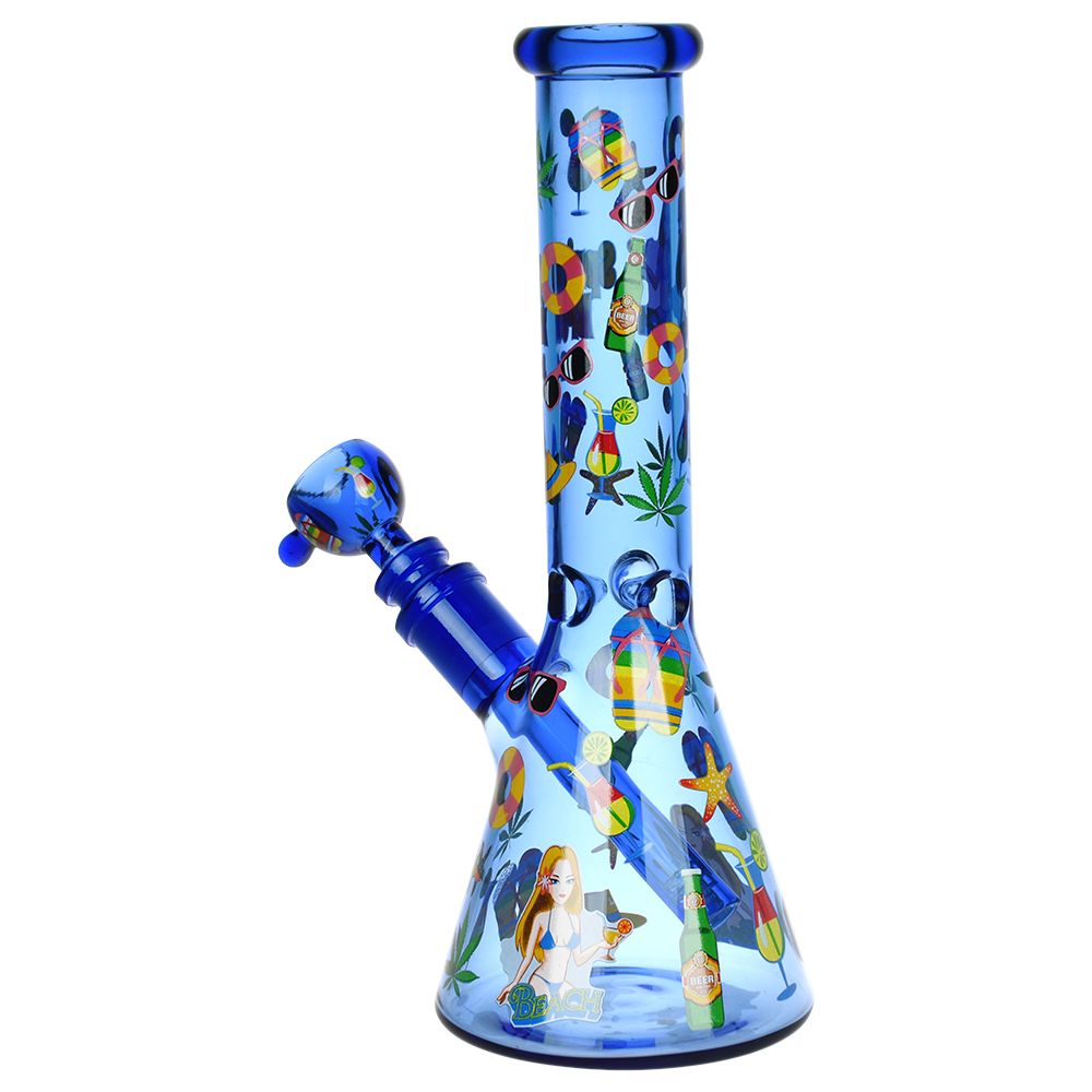 Spring Break 2024 Glass Beaker Water Pipe, 10", 14mm Female Joint, with Tropical Design
