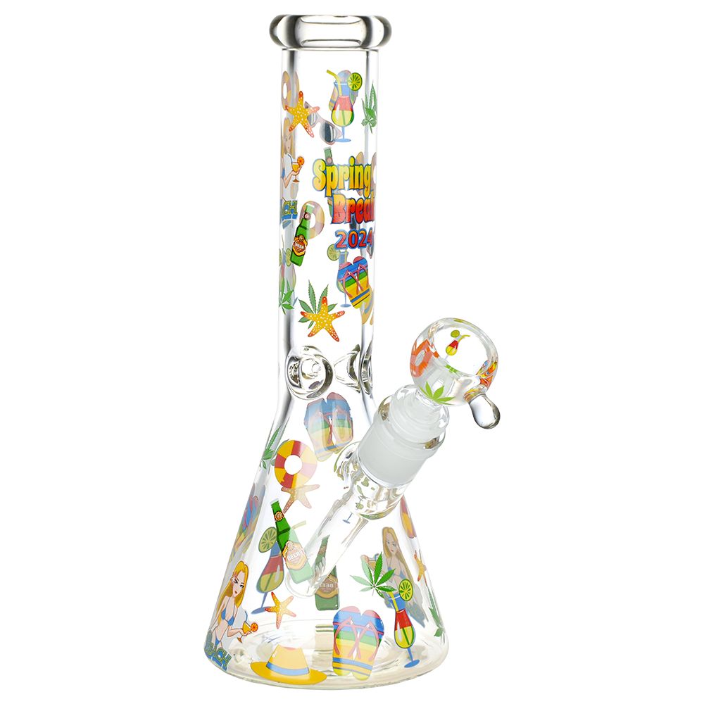 Spring Break 2024 themed 10" Glass Beaker Water Pipe with colorful decals, 14mm Female Joint, front view
